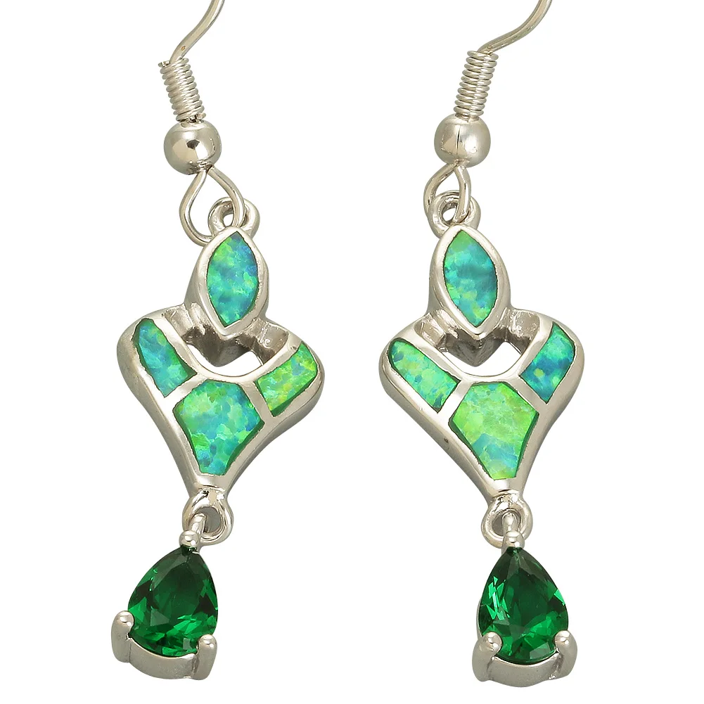 

Серьги-подвески KONGMOON 5x7 с зеленым фианитом, опалом и серебряным покрытием