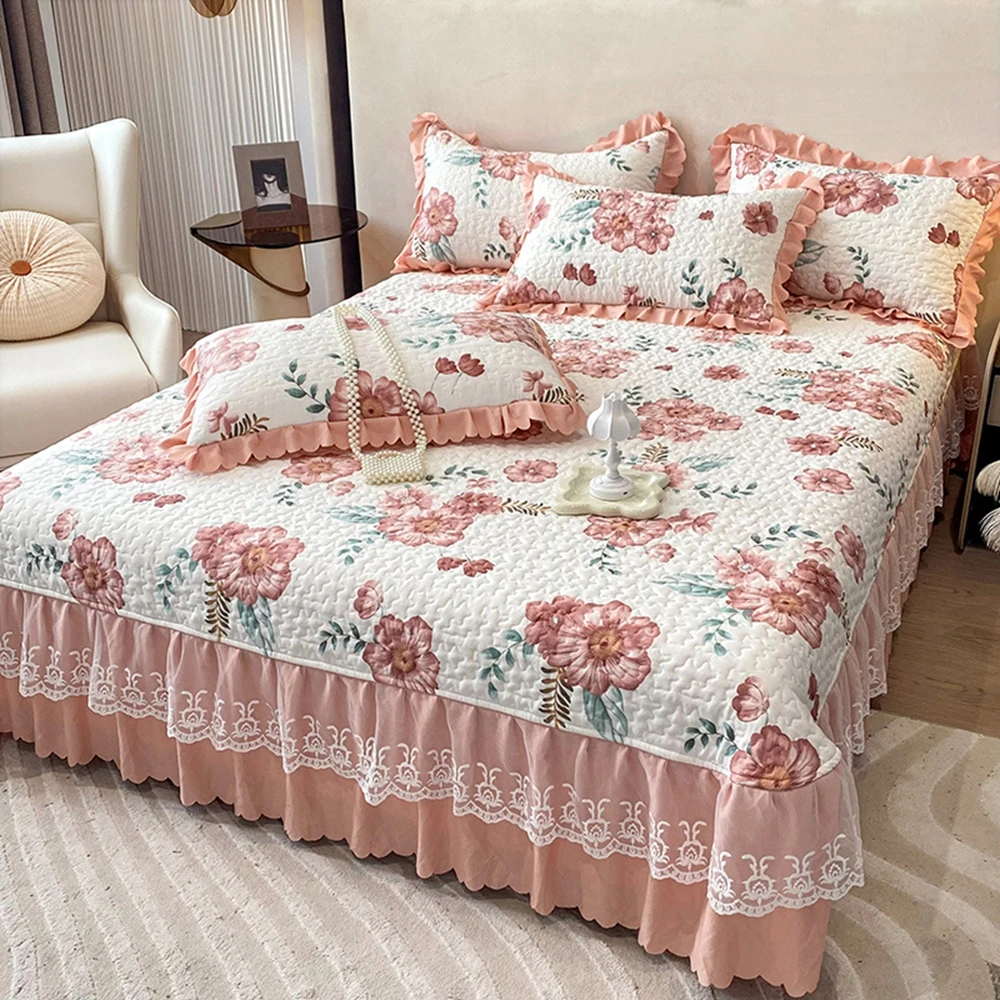 

1PC Pink Flower Printed Quilted Bedspread Reactive Printed Thick Bed Sheet Queen Size Plaids Sofa(pillowcase need order)