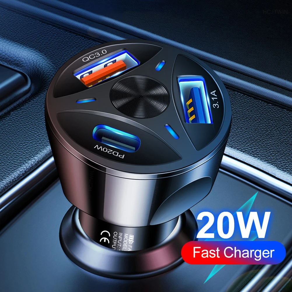 

1Pcs Car USB Charger Fast Charge Adapter One-to-three QC3.0 2USB+PD Type-C 20W Flash Charging Multi-port Cigarette Lighter