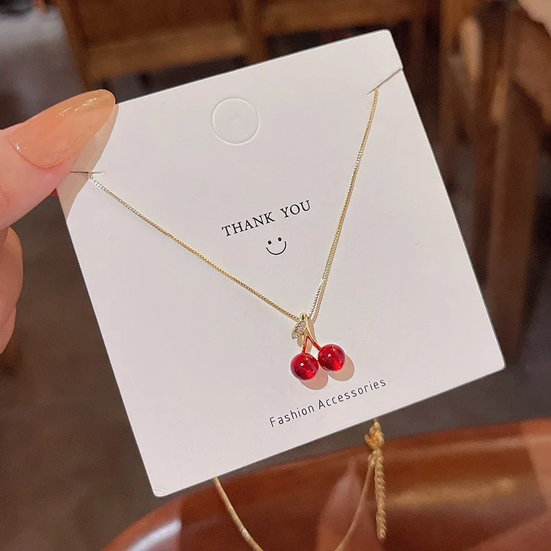 18k Gold Plating Red Cherries Pendant Stainless Steel Necklace for Women Zirconia Choker Necklaces Female Jewelry Gifts