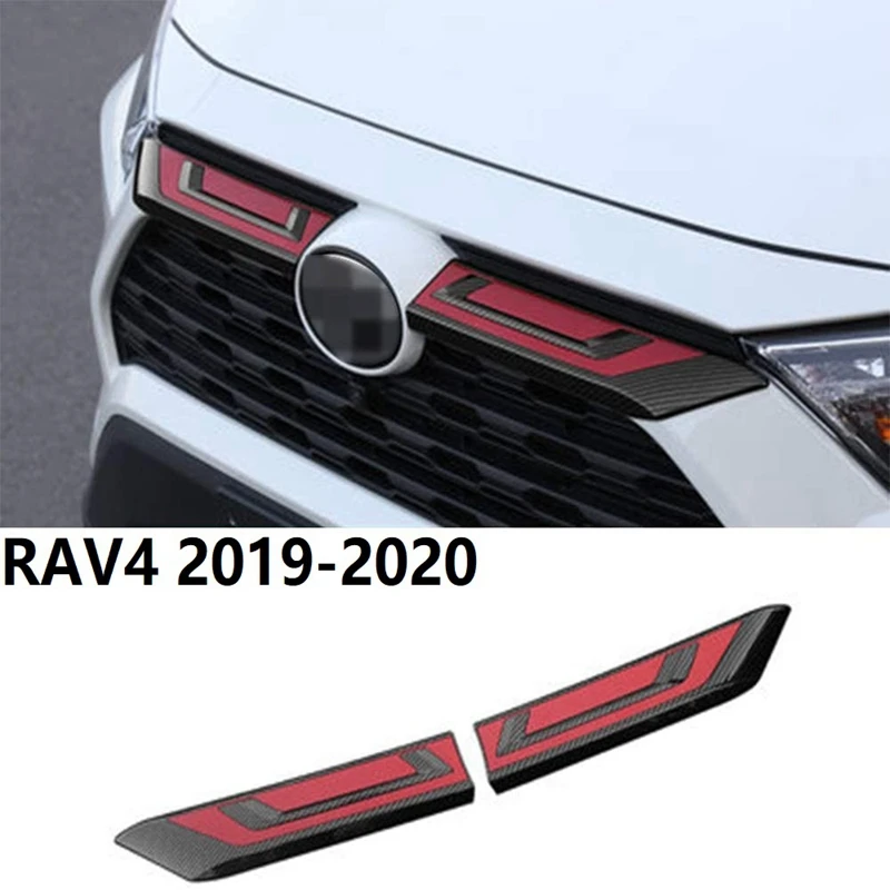 

2PCS Carbon Fiber Red Car Front Hood Grill Cover Bonnet Trim Decorative Strip Grille Cover for Toyota RAV4 2019-2020