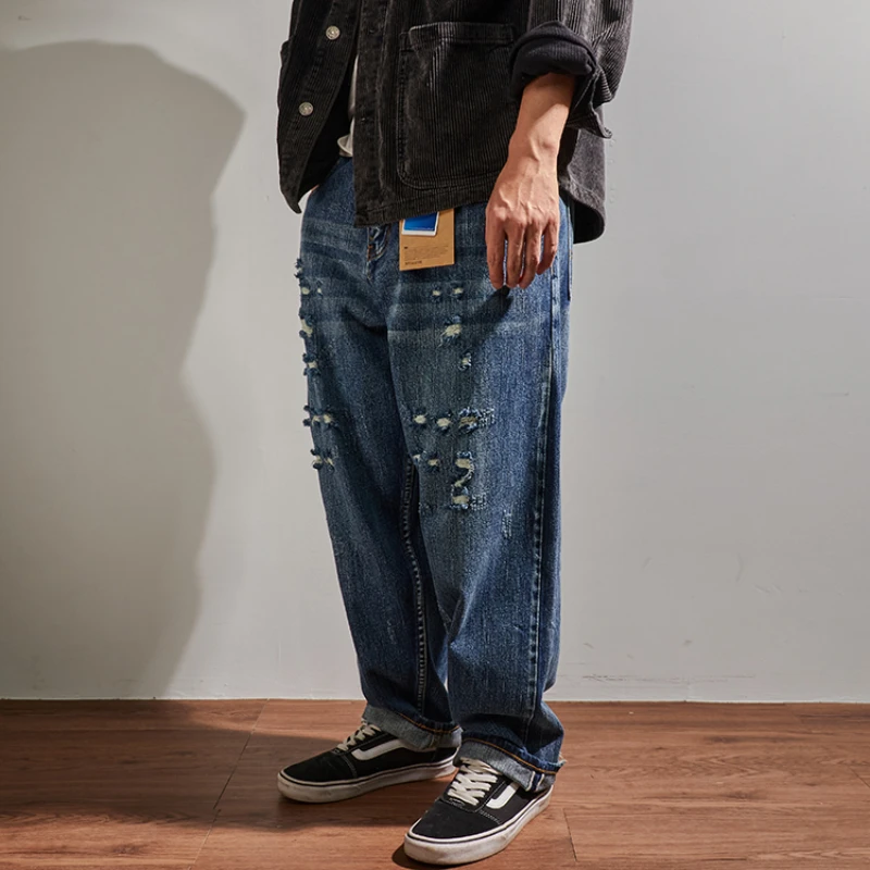 Red-ear jeans men's heavy hand-cut knife holes loose straight outline style jeans long pants