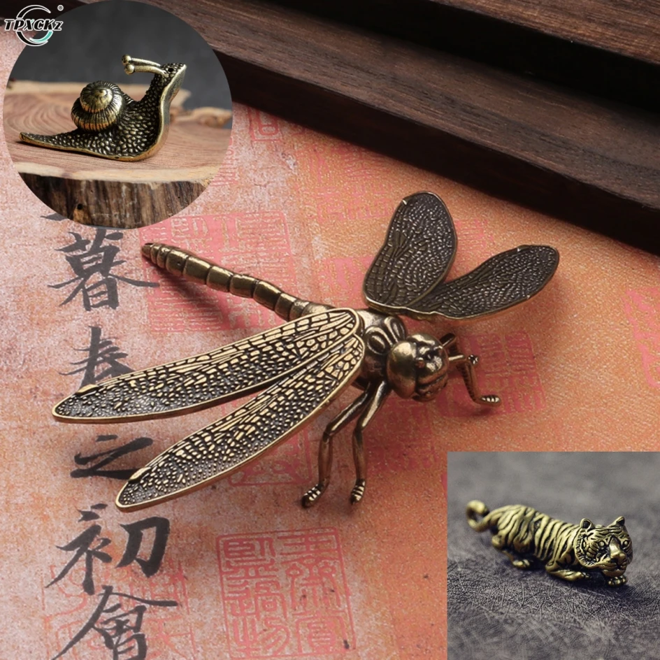 

Retro Pure Copper Mini Snail Tiger Dragonfly frog tortoise horse Small Ornament Desk Decoration Antique Brass Miniature Figurine