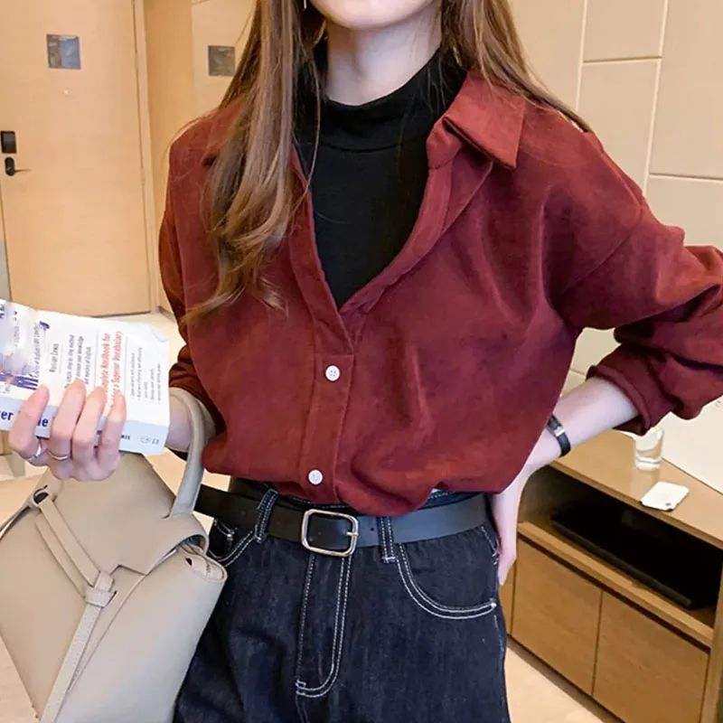 

Винтажные винтажные блузки Lucyever, женская модная Лоскутная рубашка с имитацией двух частей из вельвета, корейские шикарные блузки с отложным воротником, топы