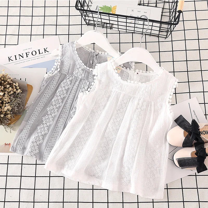 

Children's T-Shirt Clothes Children's Girls Summer Sleeveless Children's T-Shirts Girls Flower Lace Gray White Clothes CuteGirls