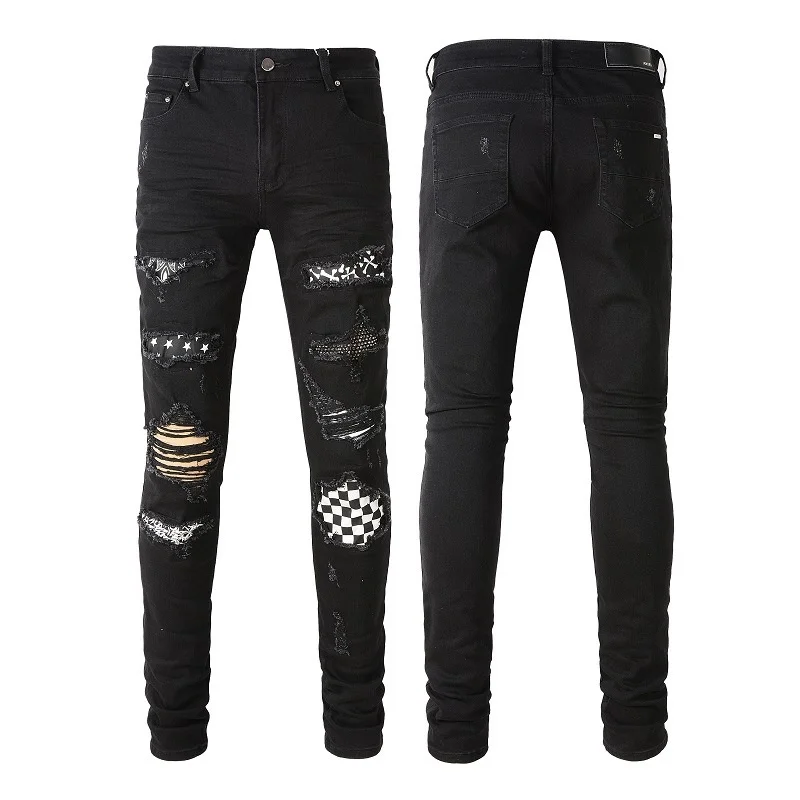 

Streetwear New Arrival Mens Black Distressed Denim Pants Tie Dye Bandana Patchwork Destroyed Y2k Slim Fit Stretch Jeans 남성 청바지