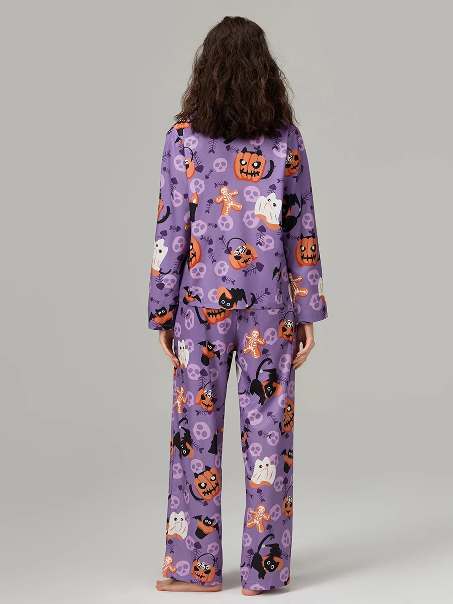 Women’s 2 Piece Halloween Pajama Set Long Sleeve Cartoon Print Button Up Shirt Pants Loungewear
