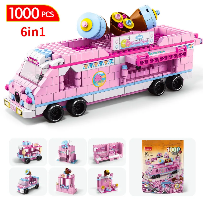 1000 Pcs Pink City Friends Ice Cream Truck Street View Car House Building Blocks Castle Bricks Toys For Children Girls Gifts