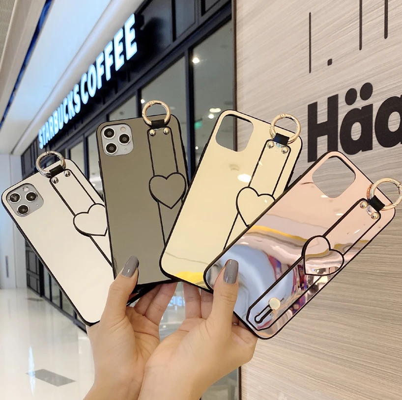 

10pcs Mirror Holder Phone Case For iPhone SE XR XS 11 12 Mini Pro MAX 7 8 Plus Cute Bracket Wrist Strap Back Cover Cartoon Cases