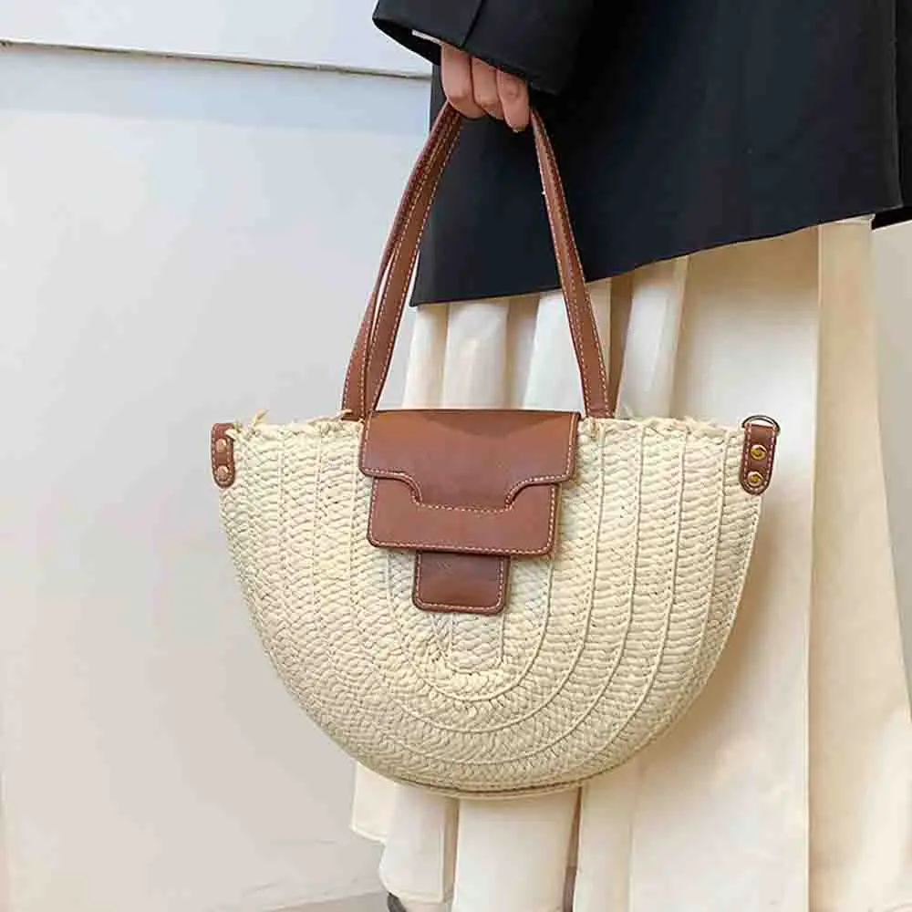 

Fashionable Women Straw Bag Summer Beach Portable Tote Underarm Saddle Bags Rattan Woven Handbag Luxury Female Vacation Purse