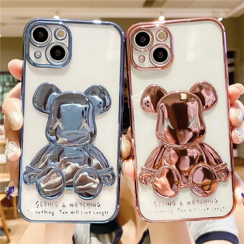 

PUNQZY Transparent Electroplating Cute Bear Phone Case For iPhone 13 11 PRO MAX XR 12 8 7 Plus XS All-Inclusive Anti-Fall Cover