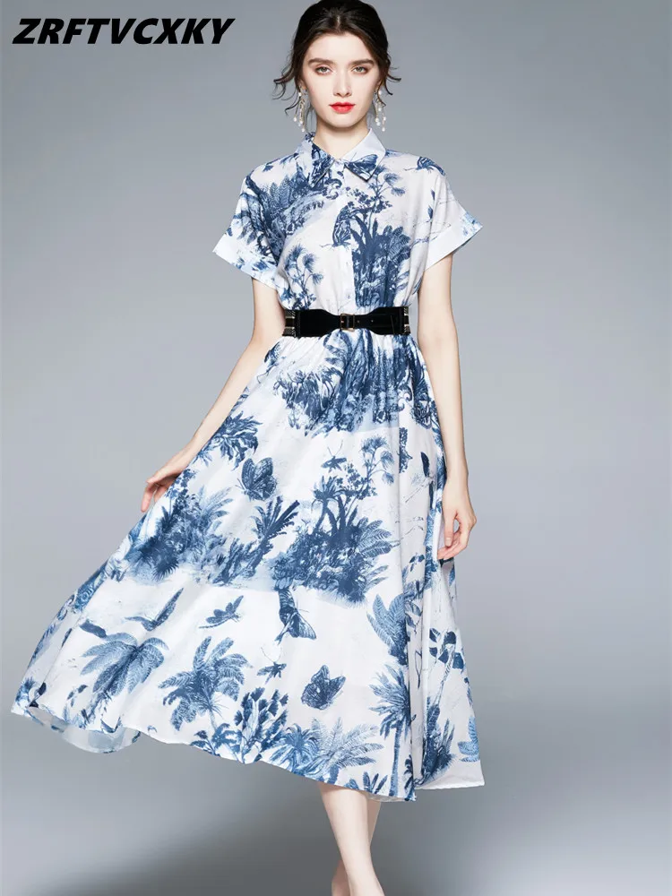 

ZRFTVCXKY новые роскошные длинные платья с принтом для женщин летние однобортные Дизайнерские повседневные праздничные платья-рубашки с поясо...