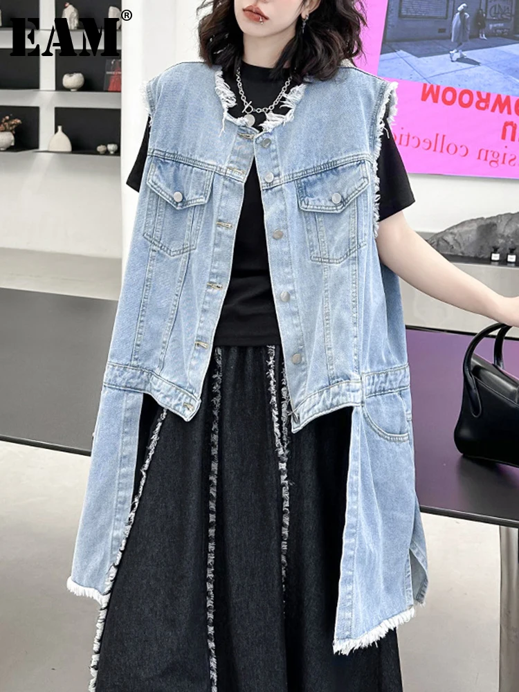 

[EAM] Women Loose Fit Blue Denim Irregular Burr Big Size Vest New O-collar Sleeveless Fashion Tide Spring Autumn 2023 1DH0502