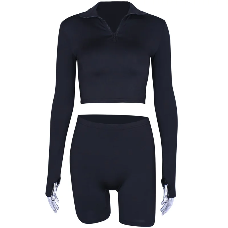 2 Pieces of 2021 Summer and Autumn Women's Long Sleeve Zipper High Neck Elastic Sexy Crop Top Shorts Fashion Casual Sports Suit