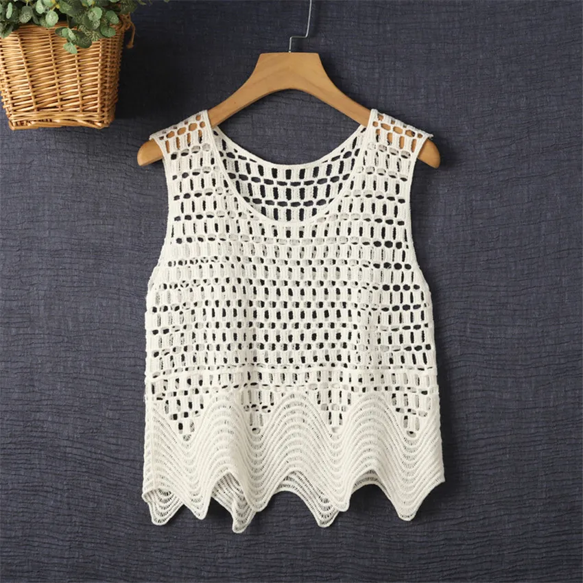 

Women O-neck Elegant Lace Tank Tops Sleeveless T Shirt Female Beach Holiday Cover Up Crochet Vest Tee Shirt Femme