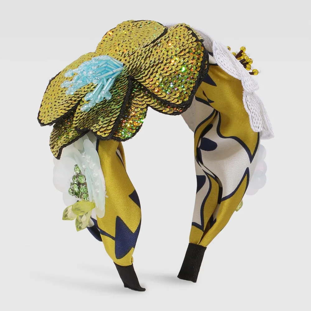 

Европейские широкие повязки для волос с блестками и цветами, Женский обруч для волос с цветочным принтом, Женский Повседневный модный обруч с блестками