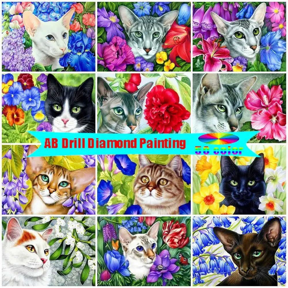 

Huacan 5d AB Diamond Painting Cat Full Square Drill Embroidery Animal Handicraft Diy Mosaic Flower Home Decoration