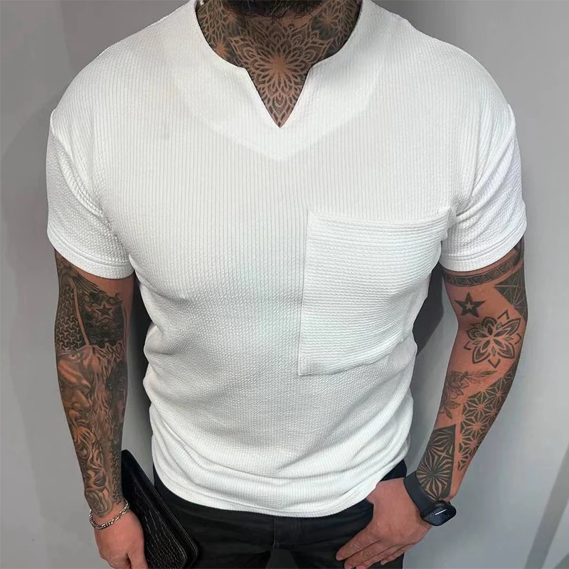 

Футболка мужская в рубчик с коротким рукавом, повседневный однотонный облегающий пуловер с V-образным вырезом, уличная одежда, весна-лето 2023