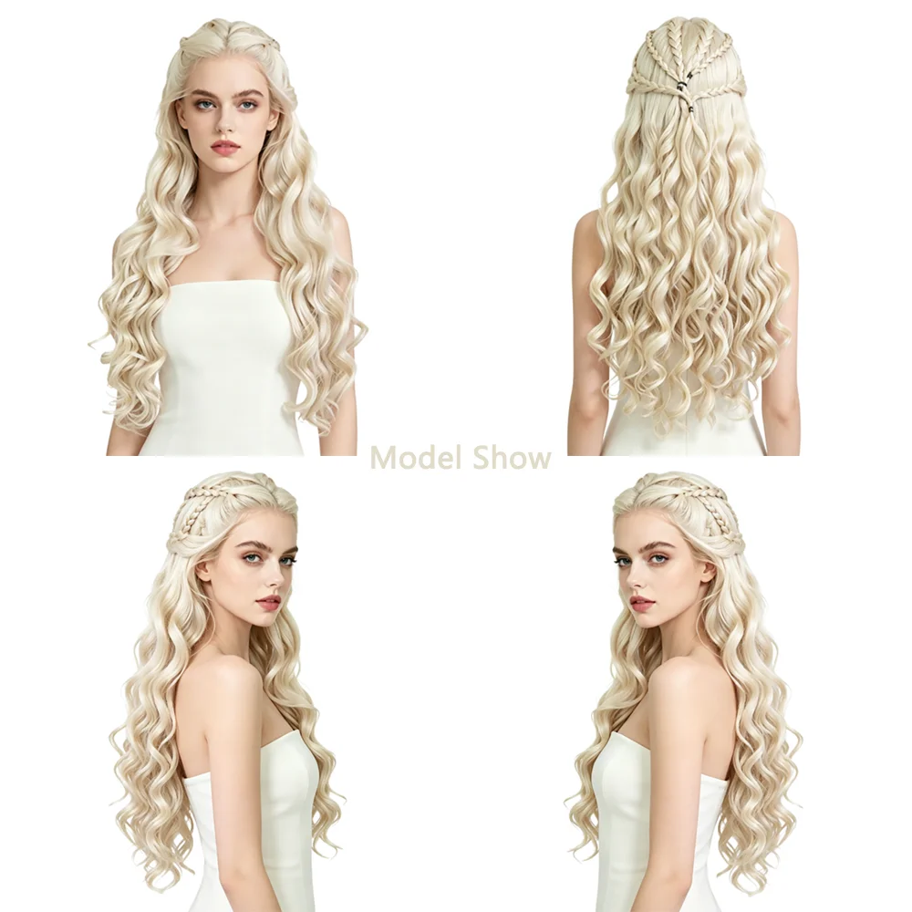 Фото Парик для косплея Daenerys Khaleesi, 13x4 HD, с кружевной передней частью, светло-платиновый блонд, длинные волнистые пряди, синтетические волосы, без клея, для женщин №3