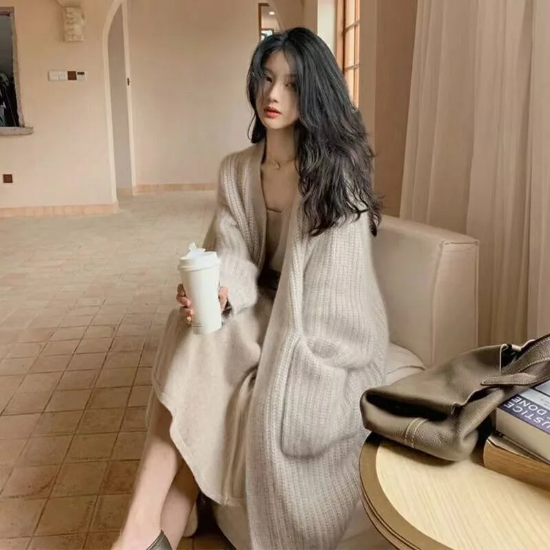 

Thick Women's Long Sweater Streetwear Coat Solid V-Neck Casual Fashion Knitted Cardigans with Pockets Sweaters for Women Clothes