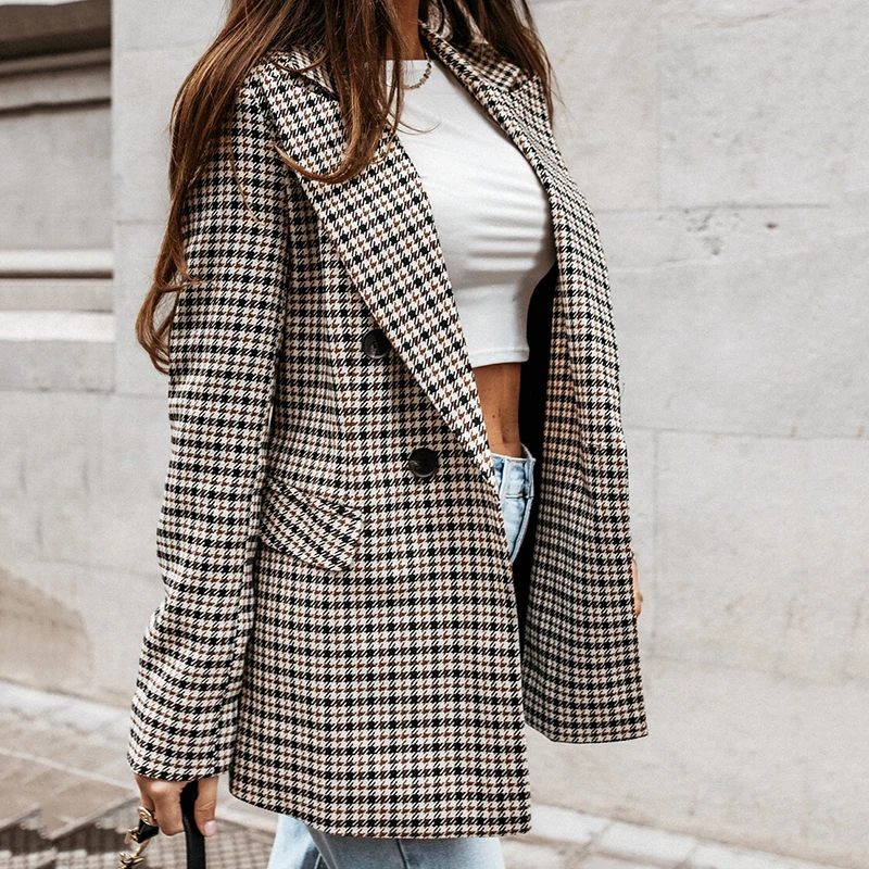 Fall 2023 Long-sleeved Fashion Plaid Suit Collar Double-breasted Slim Slimming Suit Temperament Commuter Jacket Women's Clothing