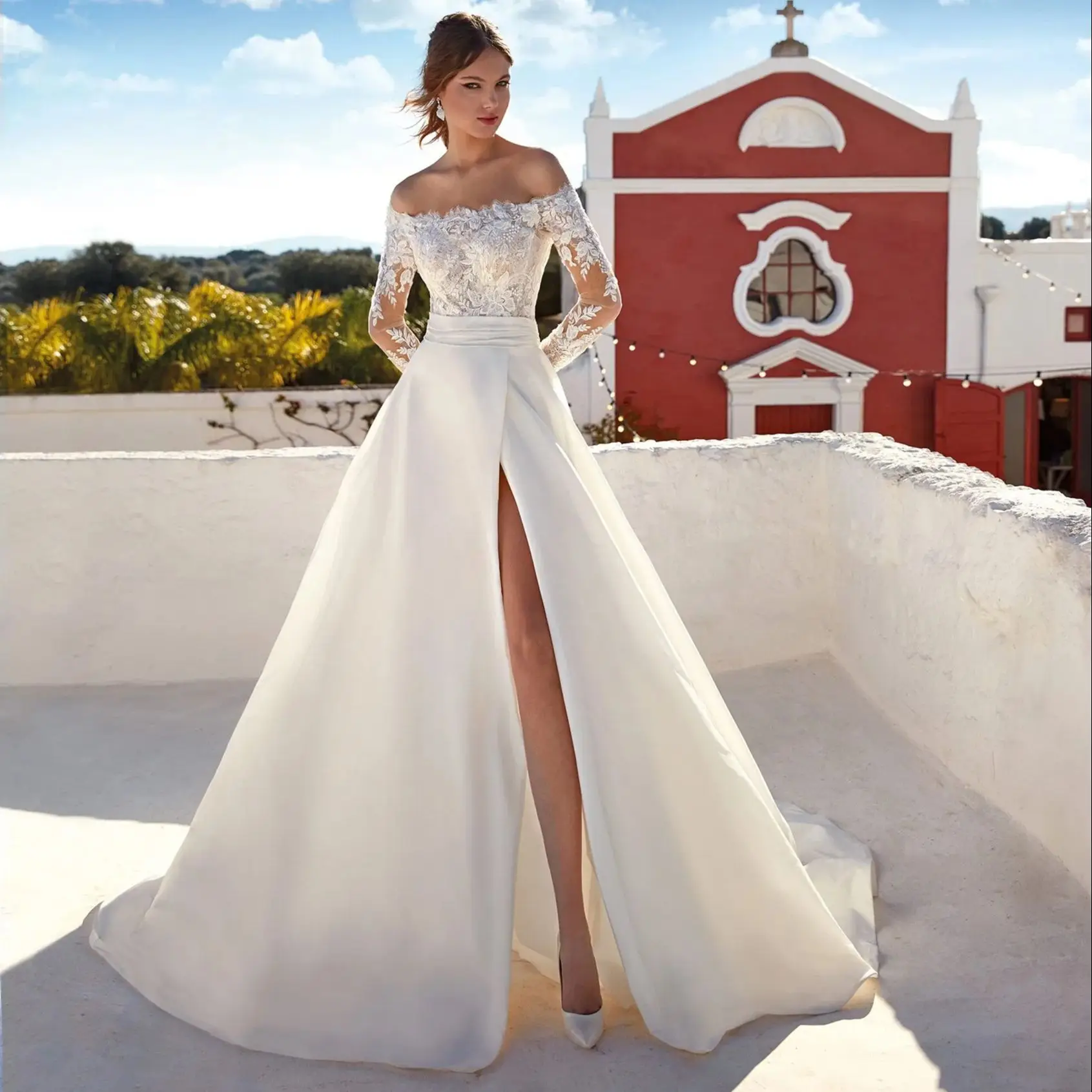 

Charming A Line Wedding Dresses Lace Applique Bridal Gown 2023 Long Illusion Sleeve Sexy Slit Vestido De Novia