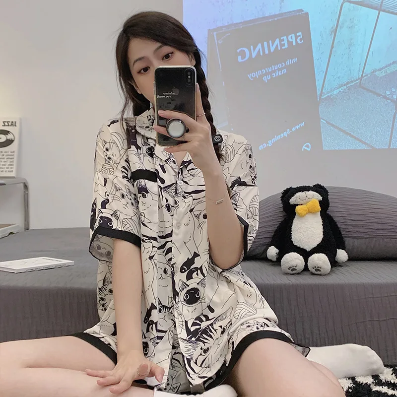 New summer pajamas female thin model imitation cotton short sleeve shorts cardigan lapel leisure home clothes set