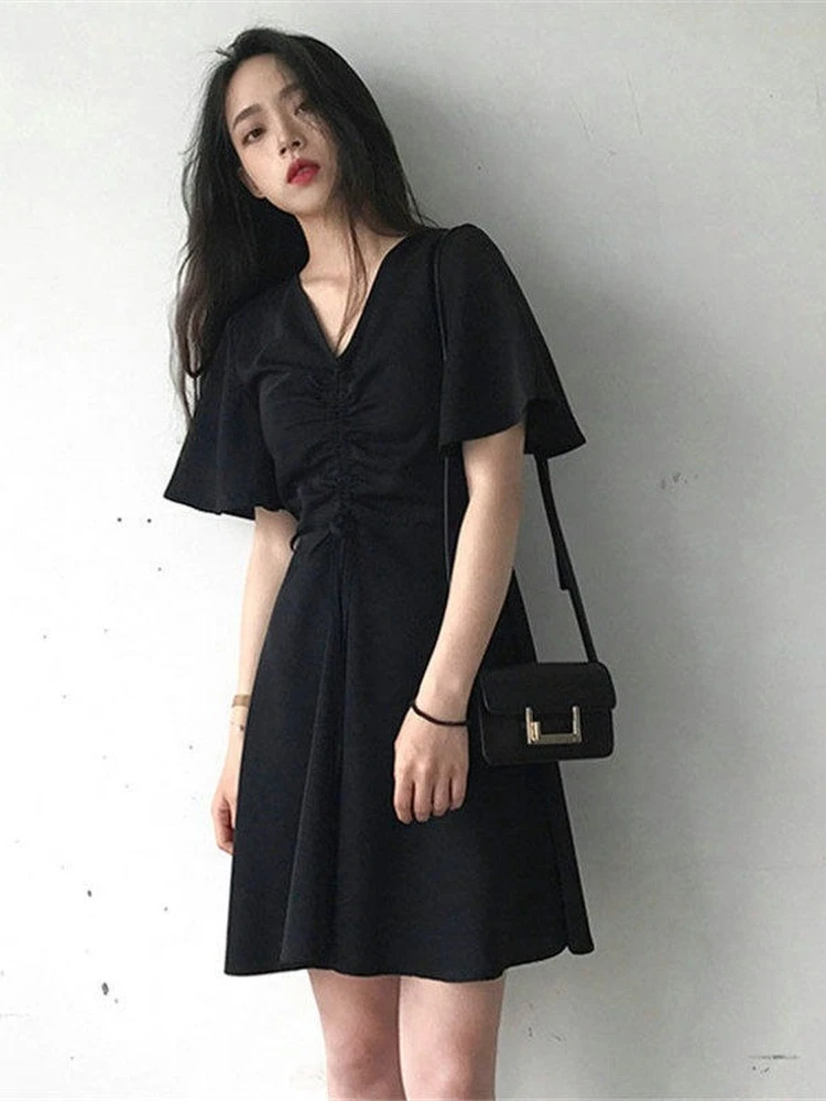 

QWEEK Summer Black Mini Dress Women Casual Korean Fashion Wrap Dresses Short Sleeve V-neck 2022 Robes Female Kpop Sundress