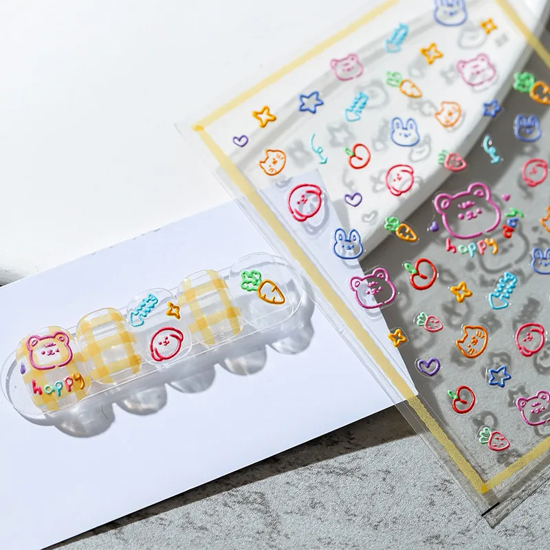 Наклейки для ногтей 5D с мультяшными животными милый кролик медведь собака кошка