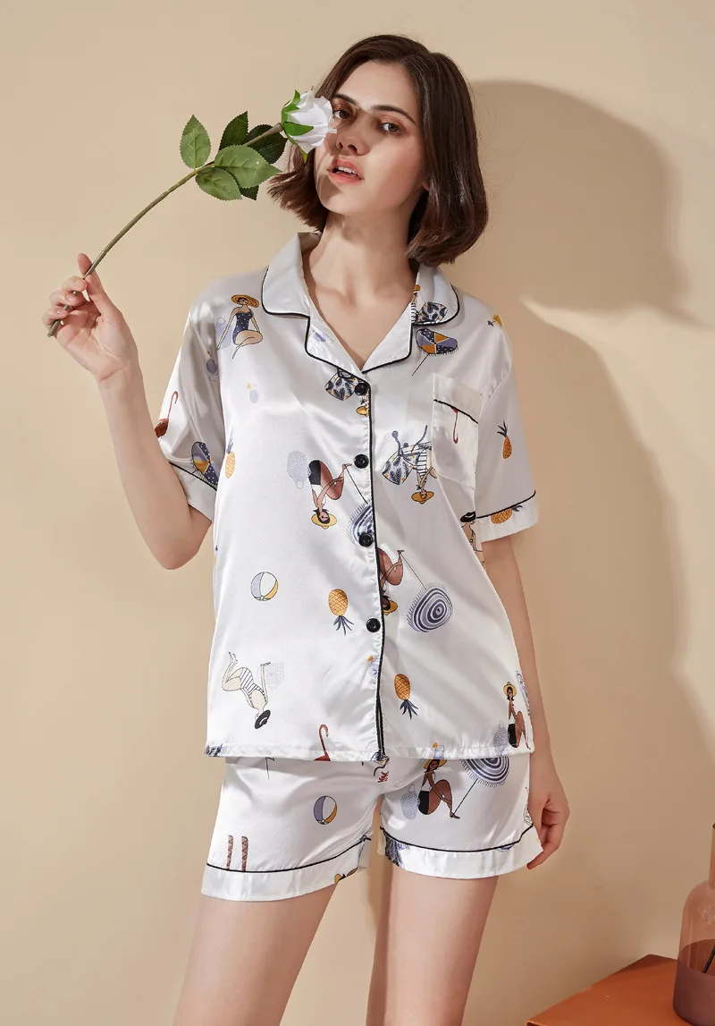 

Summer Women Imitation Silk Pajamas Short Sleeve Thin Two-piece Set Sexy Cute Home Wear