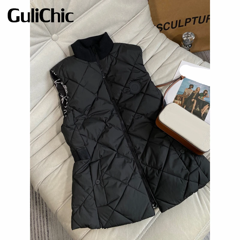 

9.15 GuliChic Women Simple Basics Argyle Print Pattern Zipper Sleeveless Collect Waist Reversible Down Coat Vest