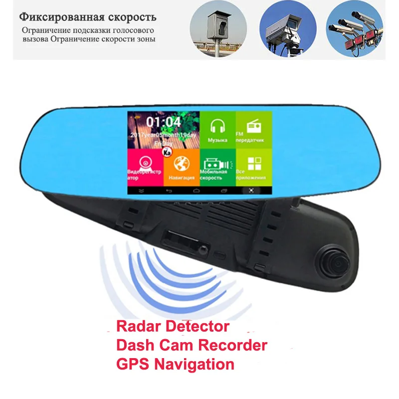 

Автомобильное зеркало заднего вида DVR камера 3 в 1 Радар-детектор GPS-навигация Android 4,4 Wifi 1 Гб + 8 Гб FHD1080P регистратор видеорегистратор