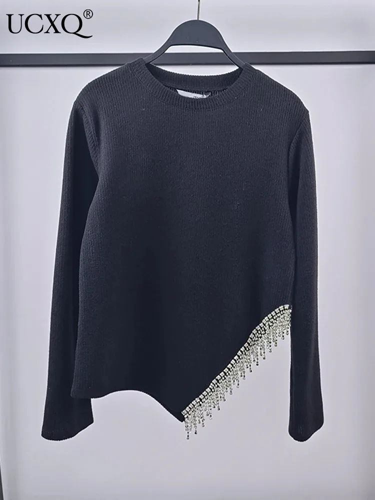 

UCXQ Hem Asymmetric Beading Tassel Sweater For Women Long Sleeve Elastic Black Pullovers Knit Top 2023 Autumn Winter New 23A5611