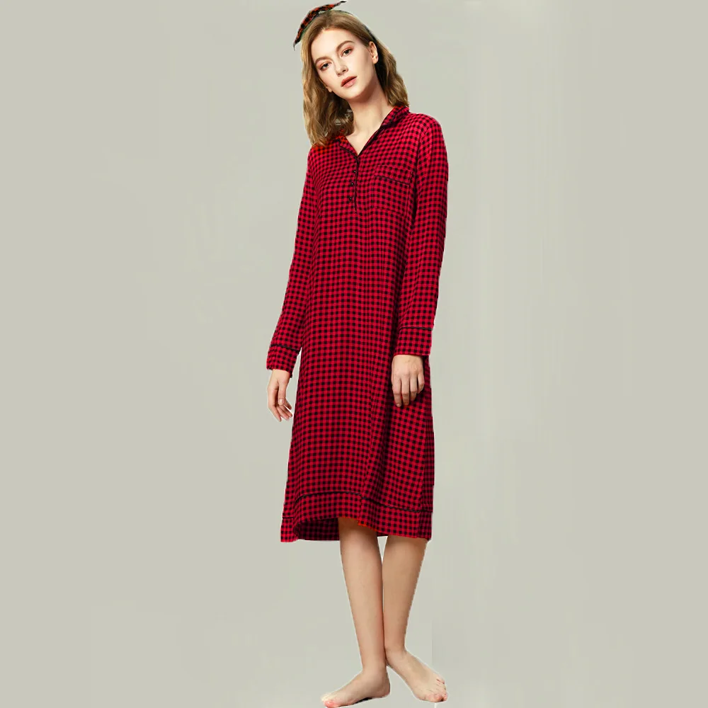 

2022 New European&American Fashion Nightdress for Women Red Grid Loose Mid-length Dress Pajamas Can Be Worn Outside At Home