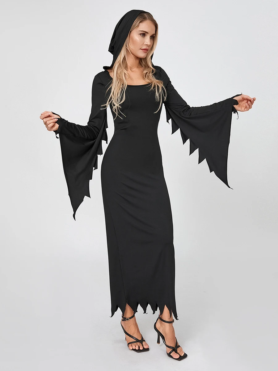 

Women Halloween Solid Color Hooded Gown Costume Gothic Witch Costume Long Sleeve Spring Autumn Long Dress for Carnival Party