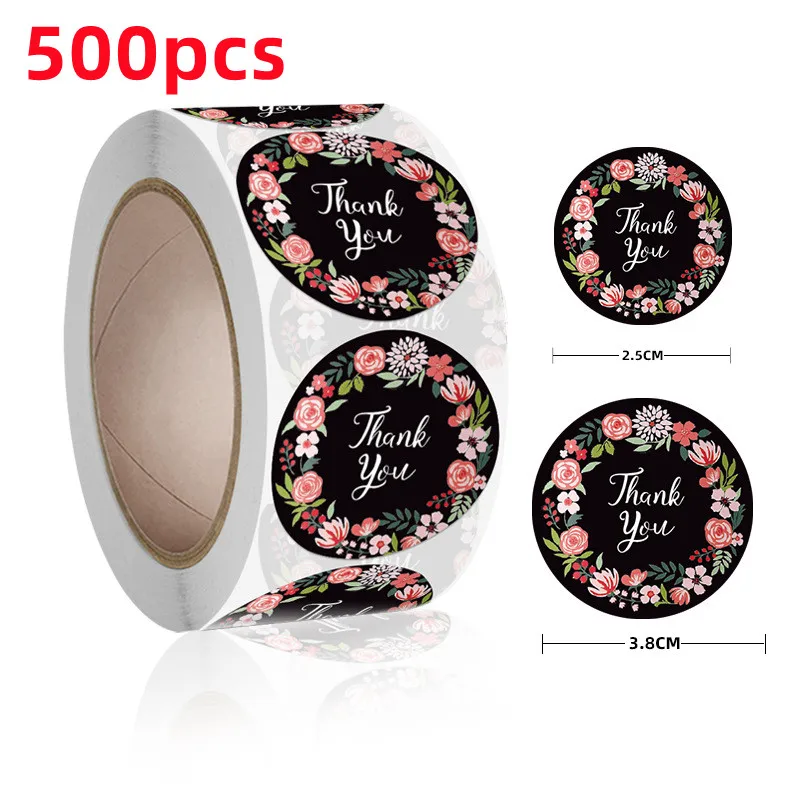 

500 шт., наклейки с цветами и надписью «Thank You»