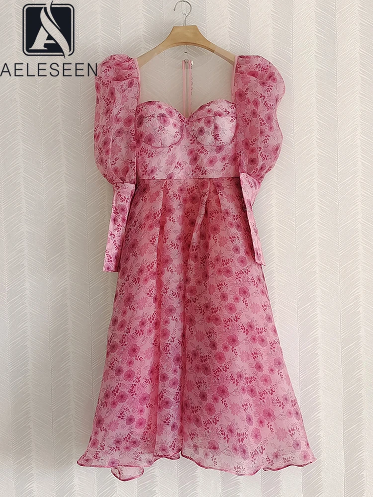 

AELESEEN Women Summer Dress 2022 Runway Fashion Sexy Padded Long Puff Sleeve Bow Flower Print Elegant Midi Beach Holiday Organza