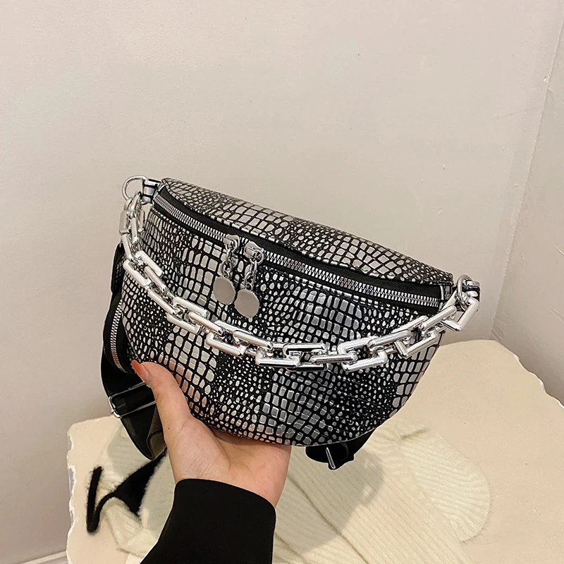 

Женская поясная сумка на цепочке, серебристая сумка через плечо из искусственной кожи, комплект из 2 сумок