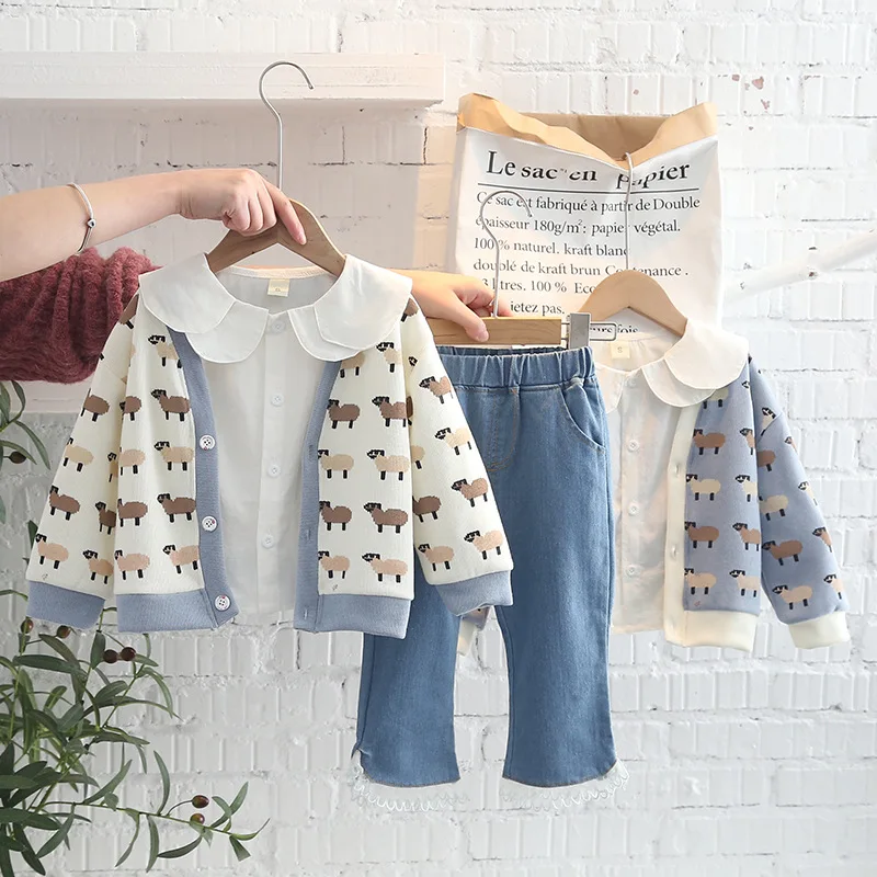 

2023 Spring Autumn 3PCS Girls Clothing Set Cardigan Sweater Coat Long Sleeve Shirt Washed Jeans Pants Baby Girls Clothes