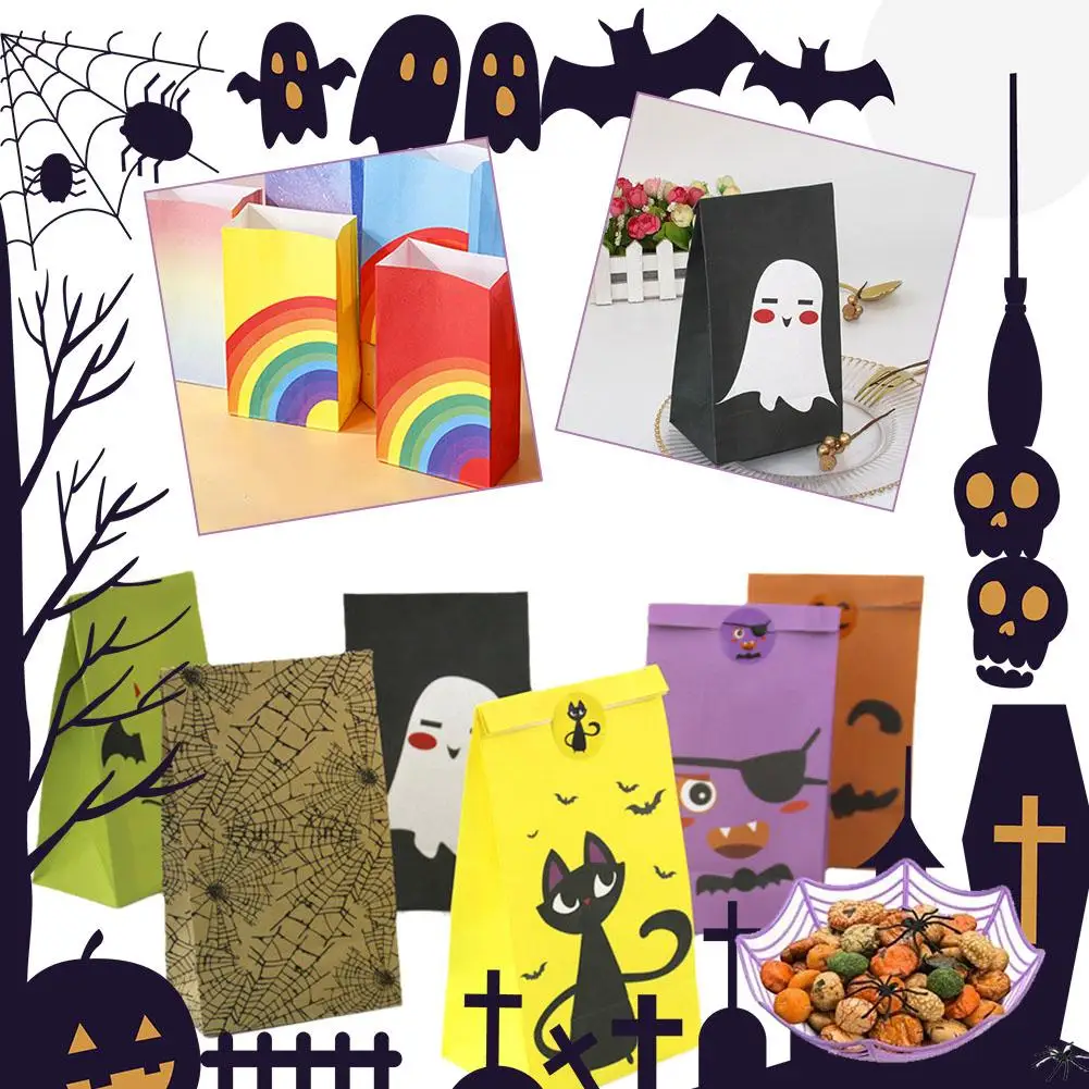 

Halloween Treat Kraft Paper Bags Party Favor Trick Candy Snack 2023 Bag Treat Sticker Supplies Gift with or Goodie Decor Pa O6H0