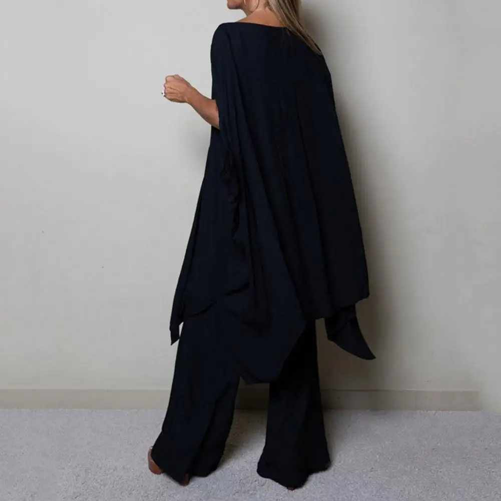 

2Pcs/Set Stylish Top Pants Set Comfy Summer Outfit Irregular Hem Women Casual Solid Color Wide Leg Outfit Dressing Up