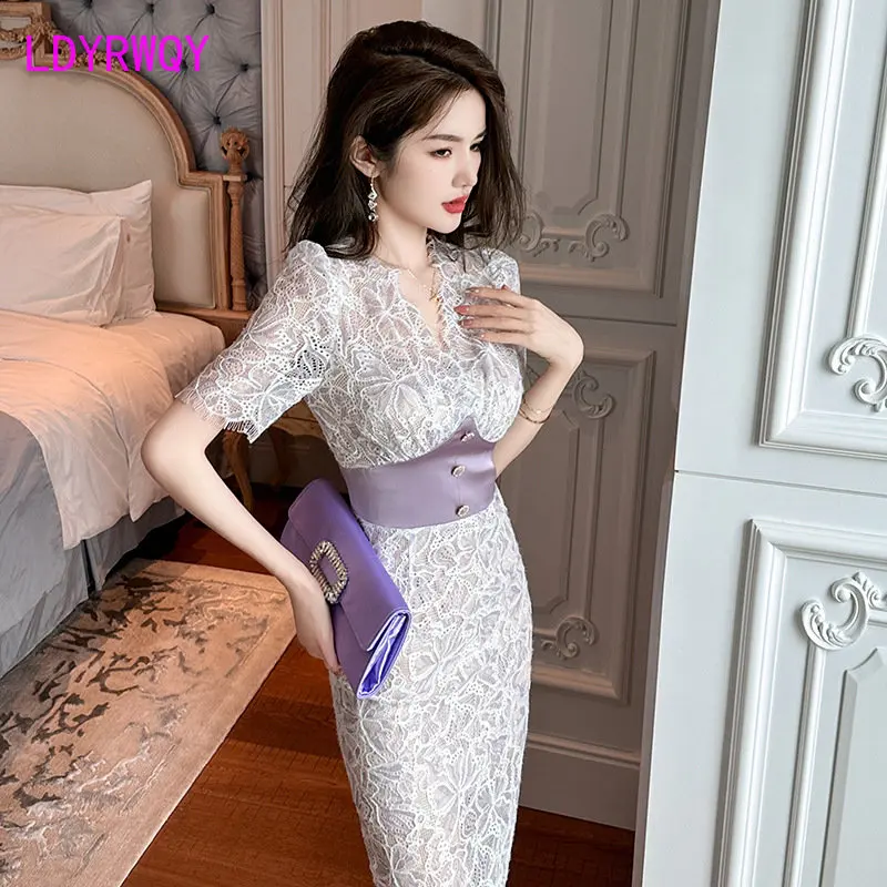 2023 Summer New Women's Fashion Celebrity Style V-Neck Waist Waist Slim Lace Short Sleeve Dress