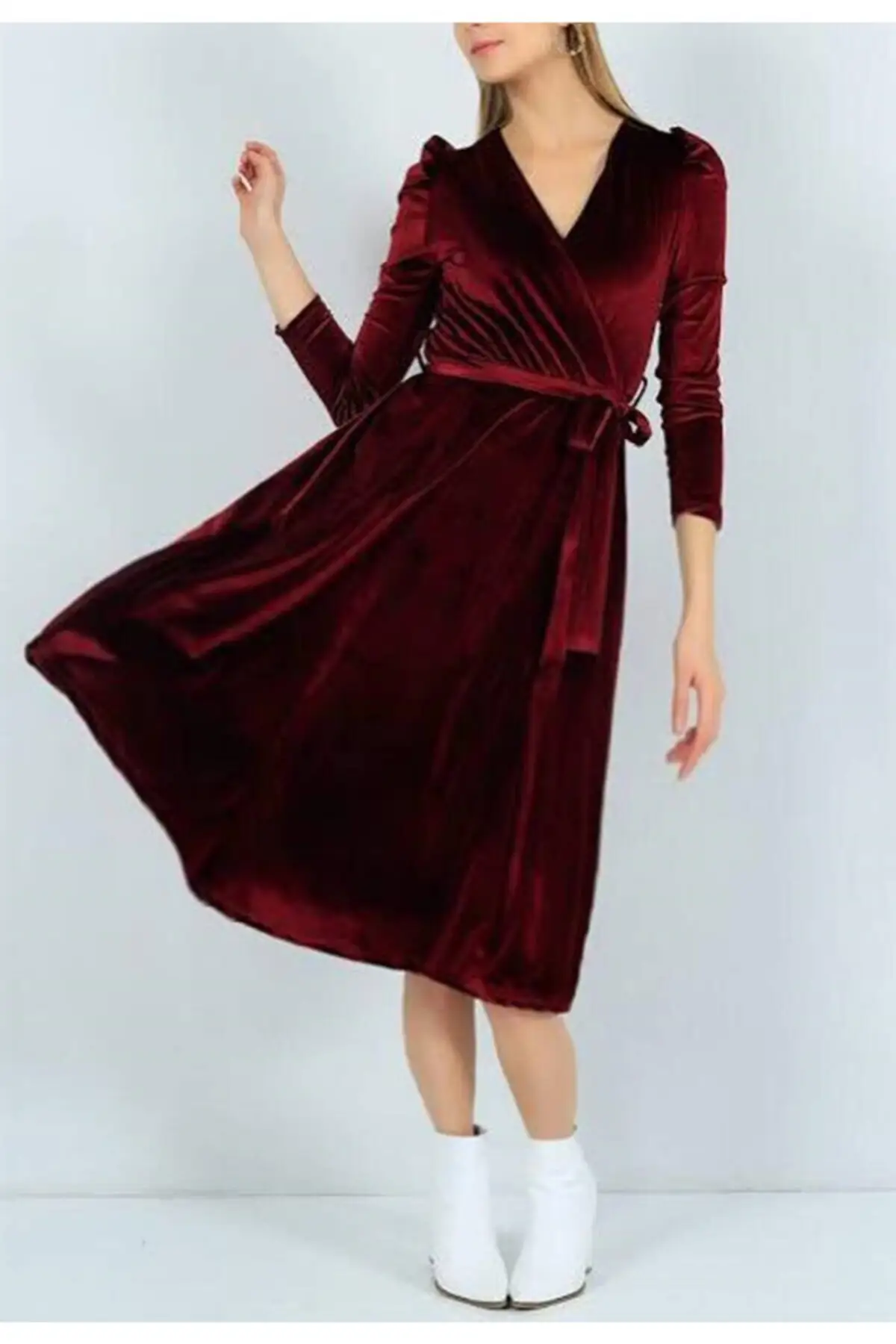 

Belted Midi Boy Double Breasted Collar Velvet Dress Long Fabric Classic Burgundy Flexible Large Size Clothing
