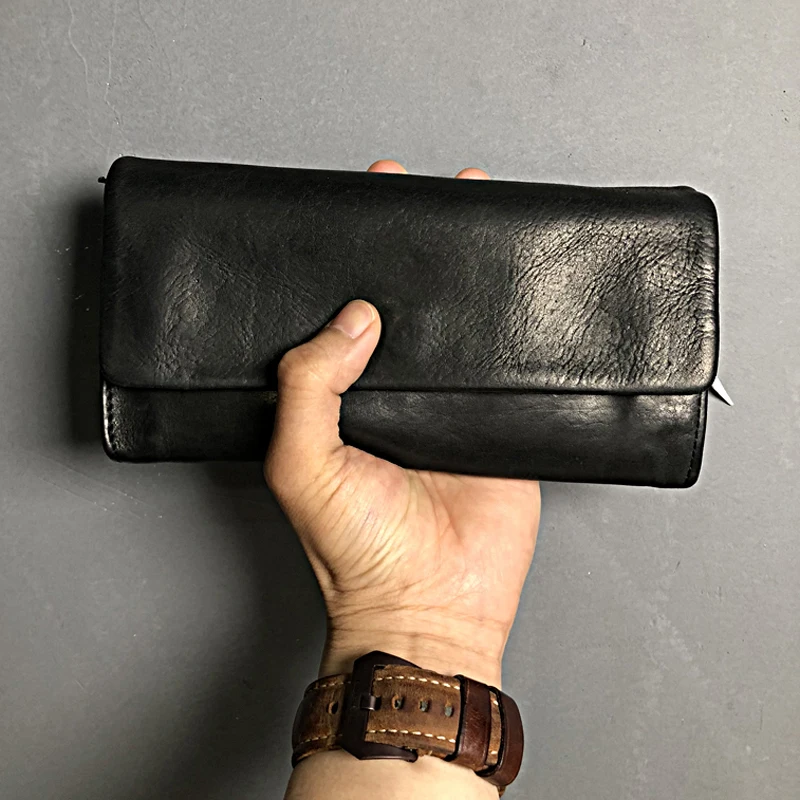 AETOO  Original handmade cowhide vintage wallet Men's wash leather purse Women's black lightweight storage clutch