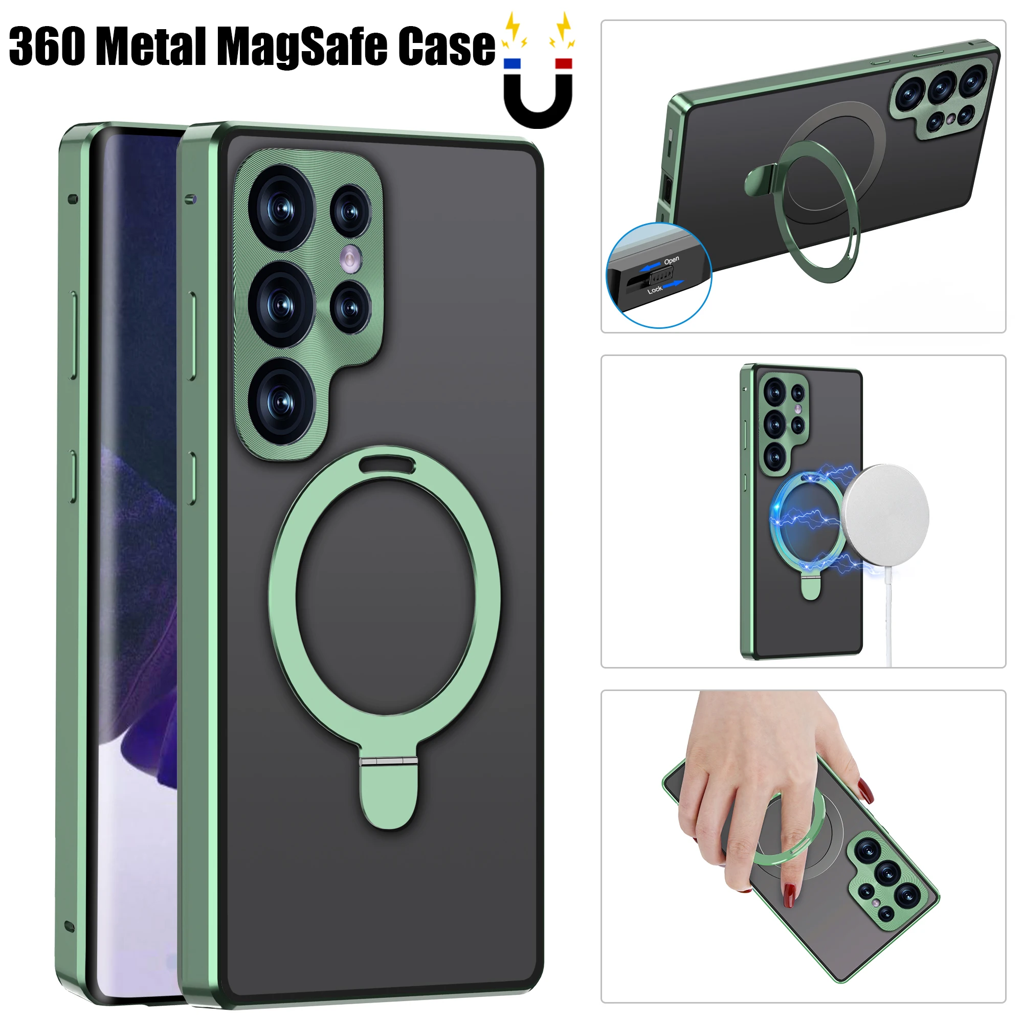 

For Samsung Galaxy S23 S22 Ultra Case Metal Charging Magsafe Cases 360 Full Screen Camera Car Rotate Kickstand Protection Cover