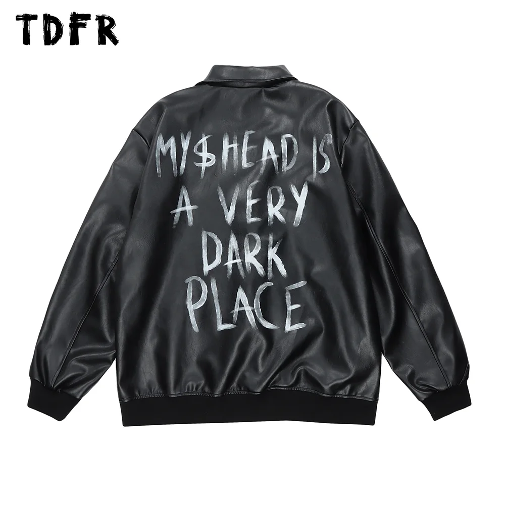 

Куртка мужская мотоциклетная с принтом букв, Повседневная Уличная одежда из искусственной кожи на молнии, с отложным воротником, свободная ...
