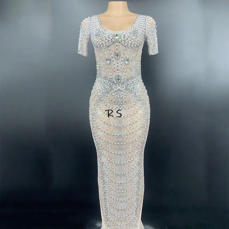 

Women Sexy Rhinestone Pearls Mesh Dress Birthday Short Sleeves Dress Prom Outfit