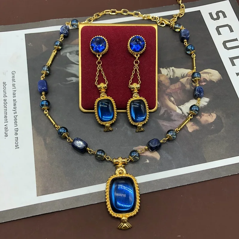 

Vintage Blue Glazed Pendant Necklace Vintage Tassel Earrings Small Design Earring Set