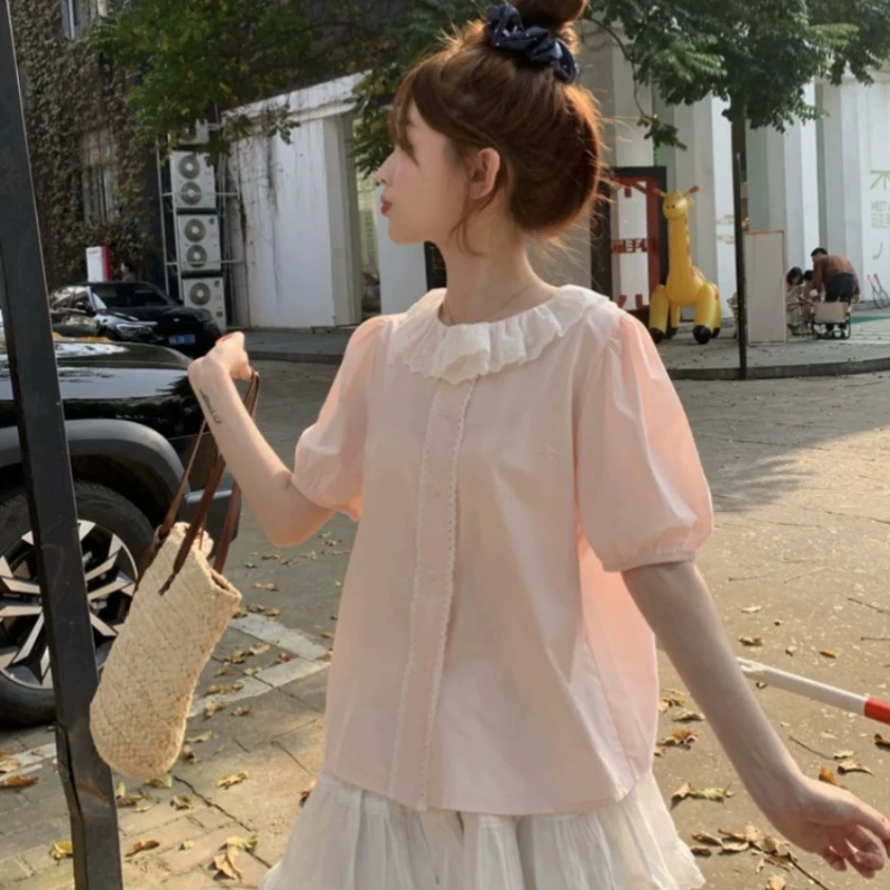 Корейский стиль весна-лето рубашка с короткими рукавами топы кружевная