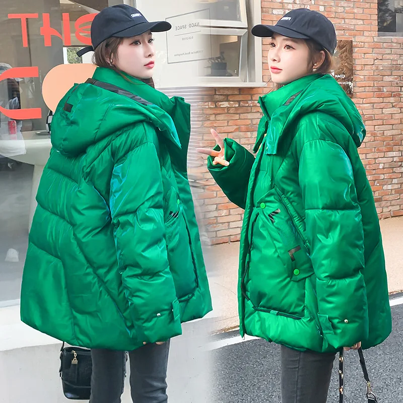 Winter 2022 down Cotton-Padded Coat Korean Style Women's Short Waist Trimming Coat Glossy Loose Fashion Hooded Cotton Jacket